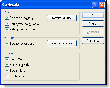 Struktura Menu programu Lunar 119 Okno dialogowe Śledzenie Menu Obraz > Ustawienia > Śledzenie Opcje w oknie dialogowym Śledzenie, określają jak powiększenie podąża za czynnościami wykonywanymi przy