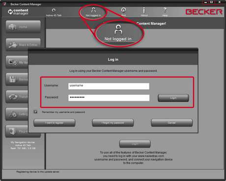 3. Kliknij ikonę Niezalogowano lub przycisk Zaloguj się i wpisz nazwę użytkownika oraz hasło. Program Content Manager jest zintegrowany z witryną BECKER.Naviextras.com.