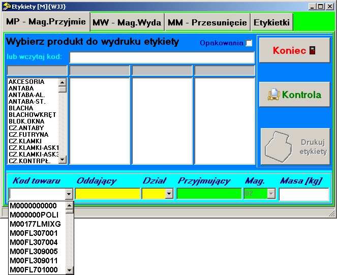 MP Magazyn Przyjmie Numer towaru w okienku Kod towaru moŝemy uzyskać na cztery sposoby: Przez wpisanie numeru z ręki Przez wybranie z listy Przez wybranie po nazwie w czterech kolejnych