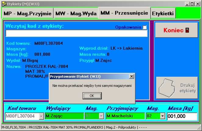 W przypadku Przesunięcia Międzymagazynowego moŝe wystąpić dodatkowy komunikat o niemoŝliwości przekazania z/do tego samego magazynu. NaleŜy ponownie wybrać numer magazynu docelowego.