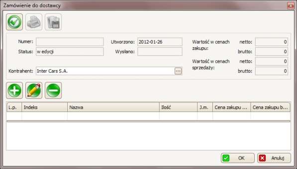 Po wybraniu dostawcy wyświetli nam się okno Zamówienie do dostawcy: W pierwszym panelu oprócz tego, że możemy jeszcze zmienić dostawcę (w polu Kontrahent), mamy sposobność również sprawdzić m.in.