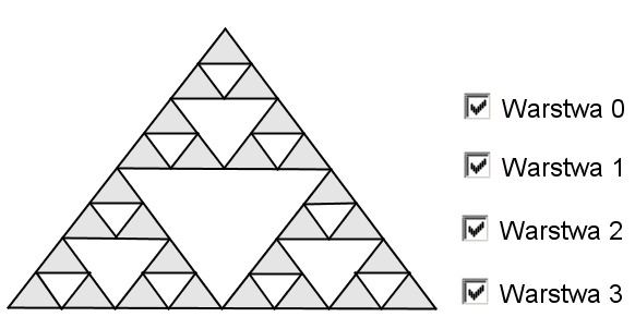 7 Napis: Warstwa 3 Wybrane obiekty: 9 małych białych trójkąty średniej wielkości i ich boki.