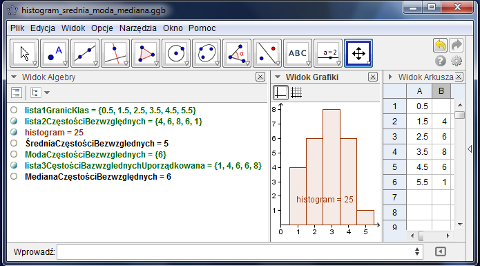 Zadanie 1: Utwórz histogram Wprowadź dane do Arkusza GeoGebry i utwórz histogram obrazujący podany zestaw danych.