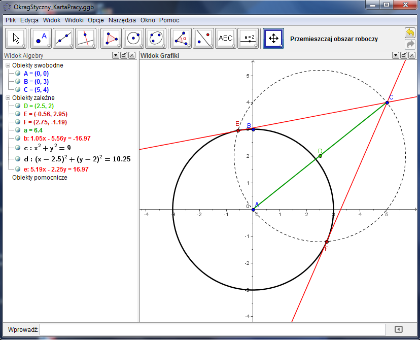 Przygotowania Otwórz nowe okno w GeoGebrze.. W panelu Widoki przełącz się na Algebrę i Grafikę. Kroki konstrukcji 1 A = (0, 0) Utwórz punkt A. 2 (3, 0) 3 c = Okrąg[A, B] Utwórz punkt B.