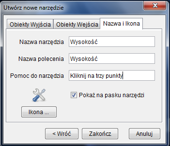 GeoGebra uzupełnia automatycznie odpowiednie obiekty wejścia dla twojego narzędzia (w naszym przypadku: punkty A, B i C). Uwaga: GeoGebra wybiera jako obiekty wejścia wszystkie tzw.