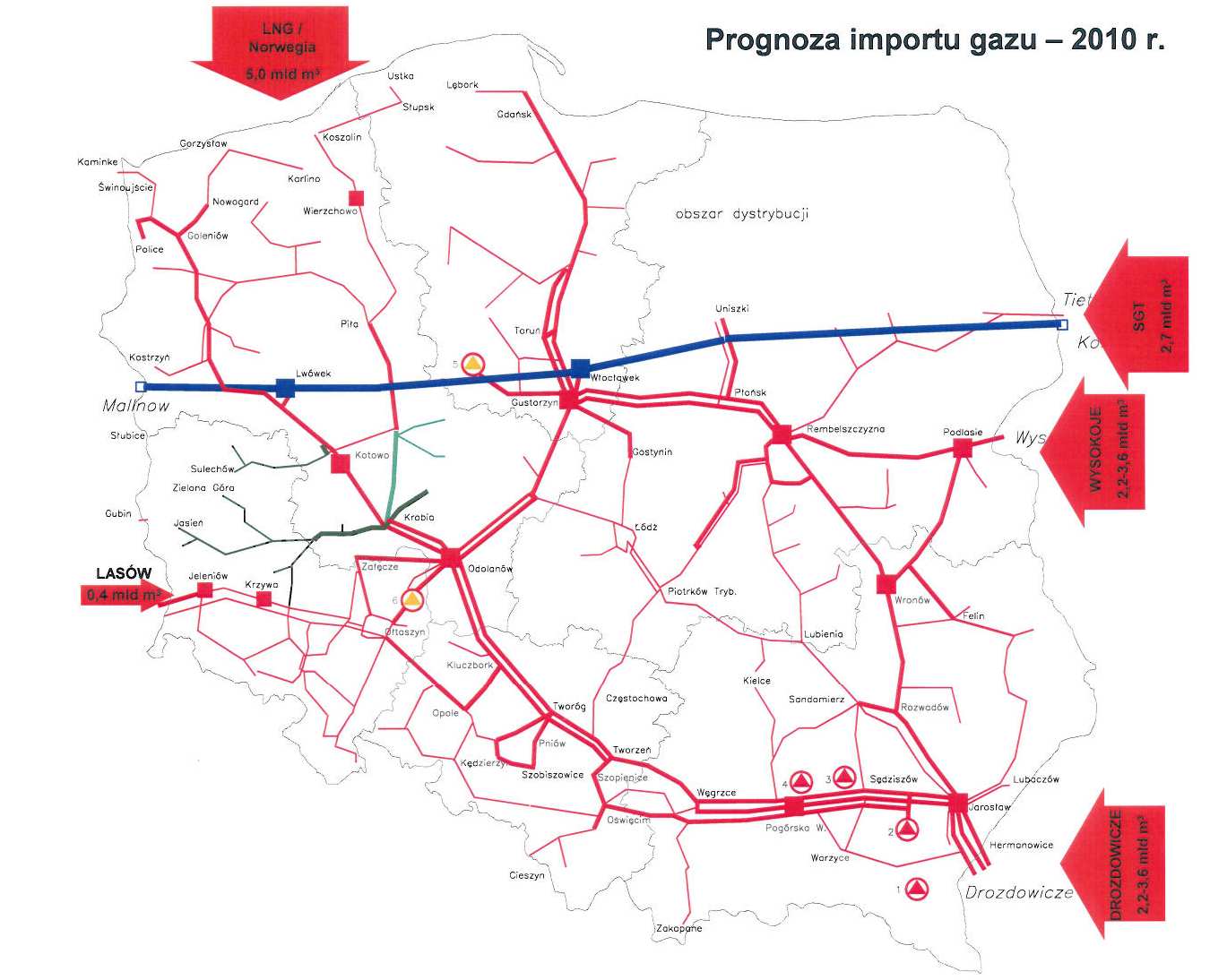 Mapa 5. Prognoza importu gazu 2010 r. Źródło: Gaz-System S.A. Bezpieczeństwo energetyczne poprzez zapewnienie ciągłości dostaw. Wielkość zrealizowanego szczytowego przesyłu paliwa gazowego w 2005 r.