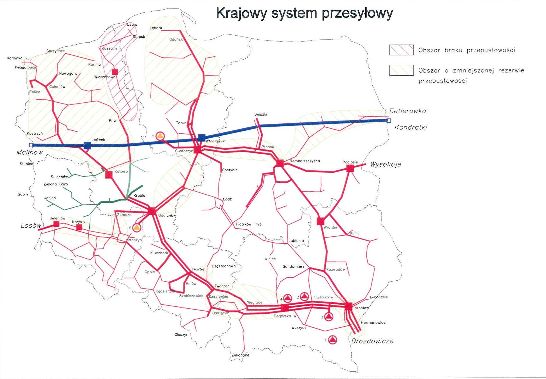 Mapa 6. Krajowy system przesyłowy gazu. Źródło: Gaz-System S.A.