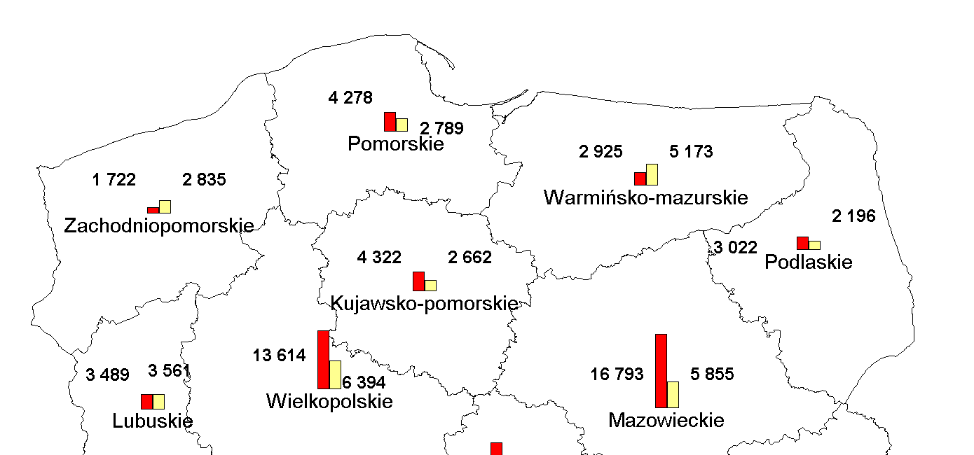 Mapa 9. Zabytki wpisane do rejestru zabytków w 2004 r. Źródło: Opracowanie własne na podstawie danych Krajowego Ośrodka Badań i Dokumentacji Zabytków.