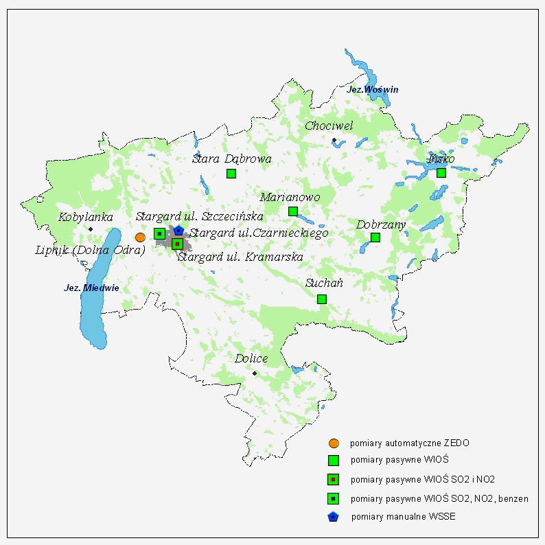 RYSUNEK NR 10 Lokalizacja punktów pomiarowych zanieczyszczeń powietrza w powiecie stargardzkim wykorzystanych w rocznych ocenach jakości powietrza za lata 2004-2008 Powiat stargardzki jest jedną ze