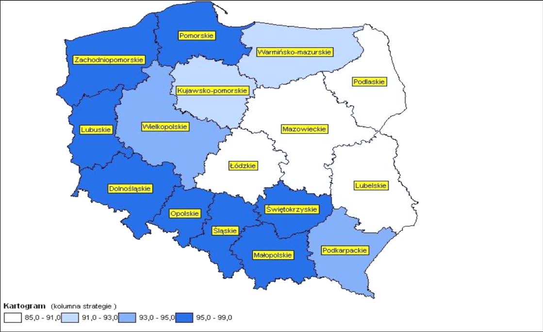 Odsetki gmin w województwach, które opracowały gminne programy przeciwdziałania narkomanii w 2009 roku Źródło: A.