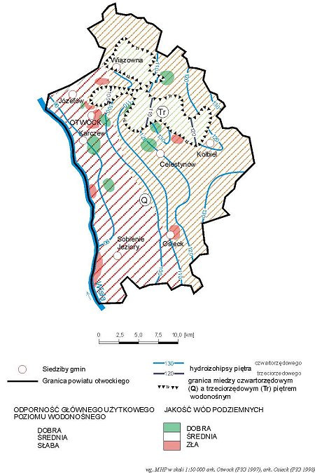 Rys. 3. Mapa hydrogeologiczna użytkowych poziomów wodonośnych w Powiecie Otwockim.