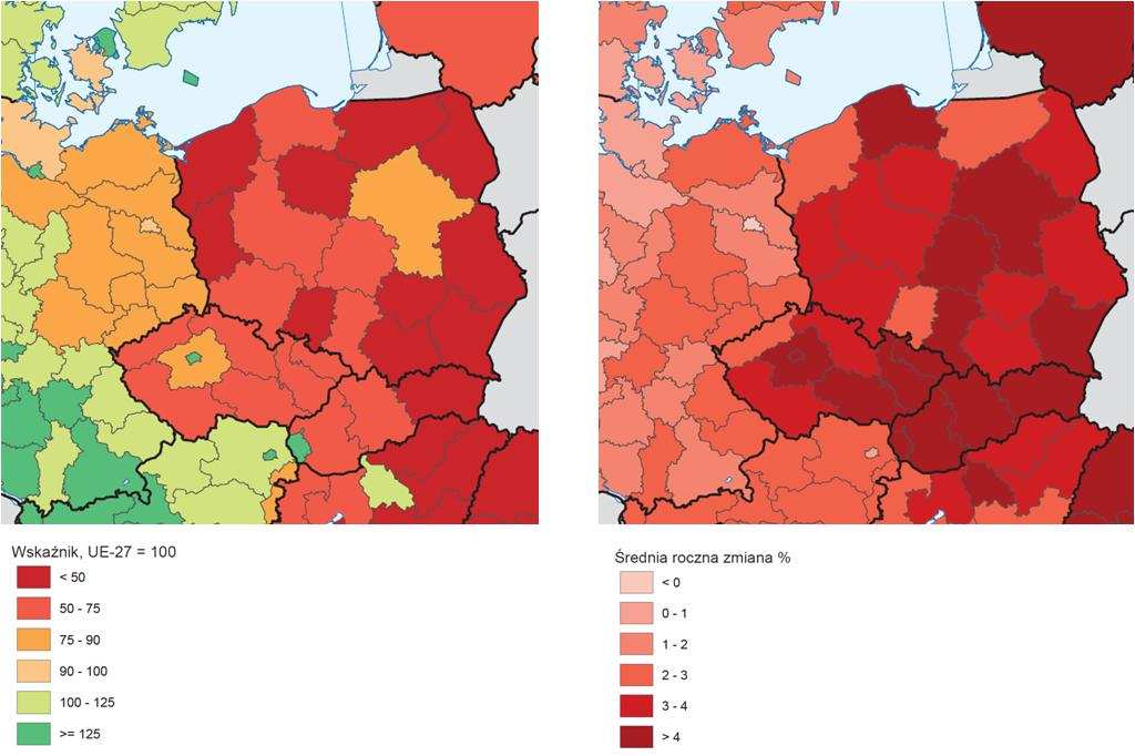 regionach czeskich, które osiągają dynamikę wzrostu wyższą, niż w województwach Polski Zachodniej 7. Jednak szczególnie duża różnica widoczna jest w poziomie innowacji.