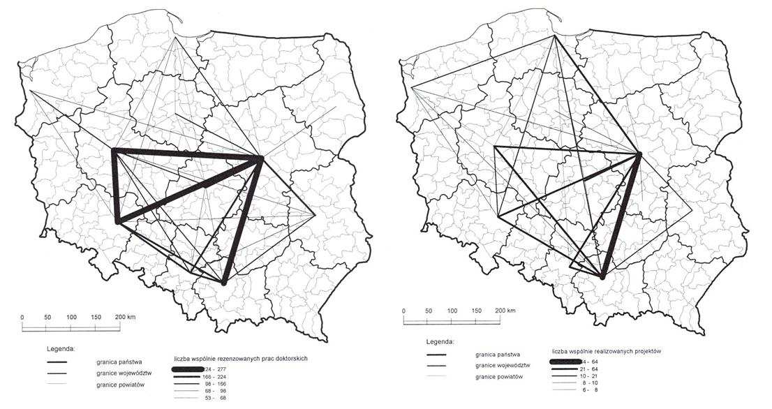 Mapa 4. Współpraca naukowa Po lewej: współpraca przy recenzowaniu prac doktorskich (zaznaczono pow.