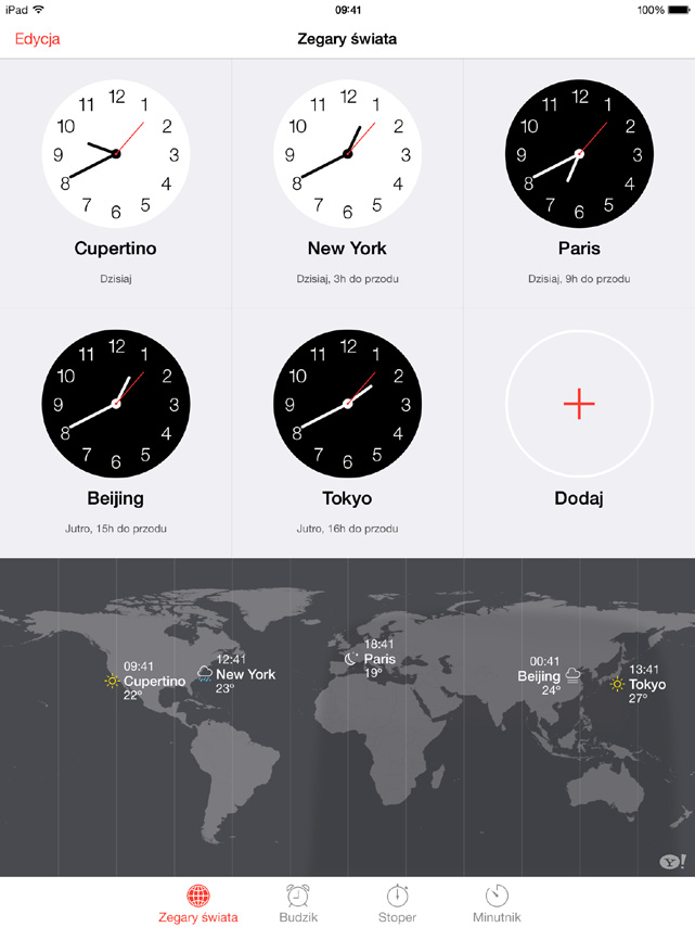 Dodając kolejne zegary, możesz wyświetlać aktualny czas w innych głównych miastach i