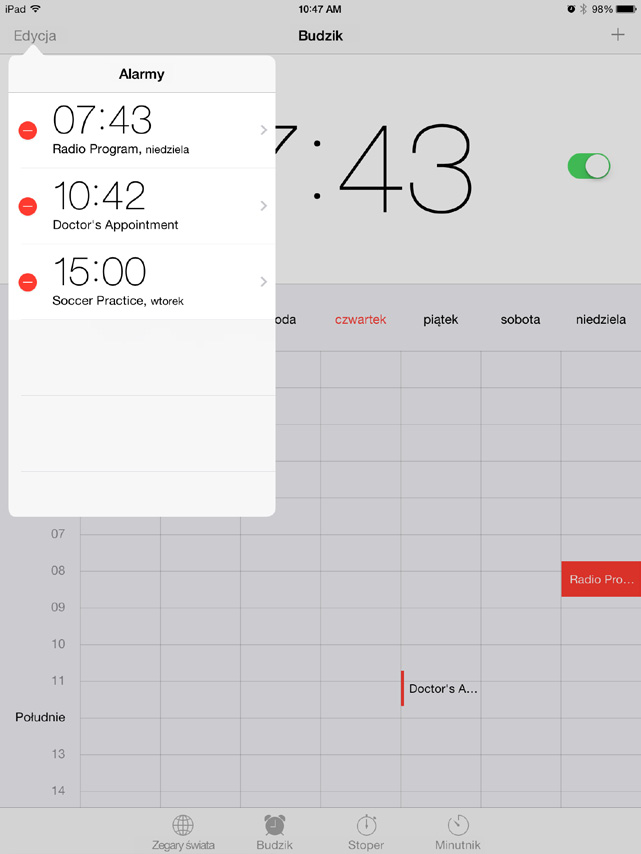 Alarmy i minutnik Ustawianie budzika: Stuknij w Budzik, a następnie stuknij w opcje, a następnie nazwij alarm (np. Dzień dobry ).