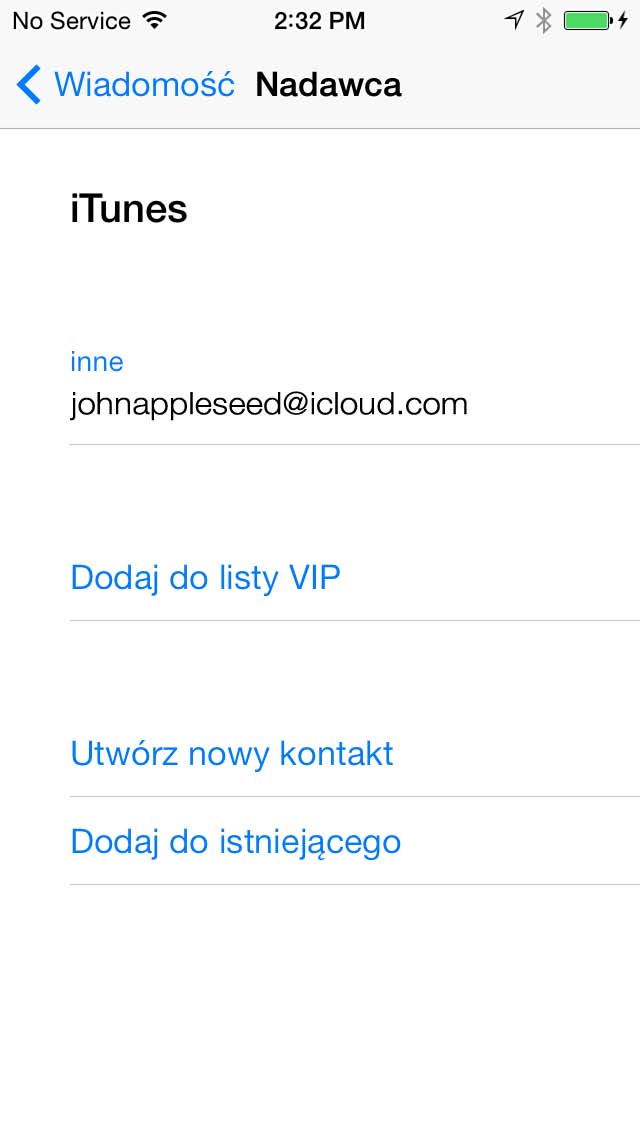 Wyświetlanie i zachowywanie adresów Dodawanie osoby do listy VIP Dodawanie osób do Kontaktów lub listy VIP: Stuknij w nazwę osoby lub adres email, a następnie stuknij w Dodaj do listy VIP.