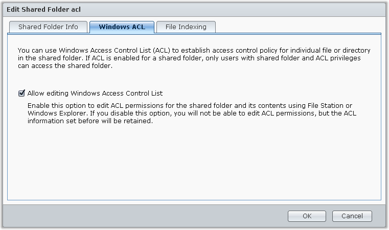 Synology NAS Przewodnik użytkownika Definiowanie uprawnień ACL systemu Windows do folderu współdzielonego Przejdź do pozycji Menu główne > Panel sterowania > Folder współdzielony, aby określić