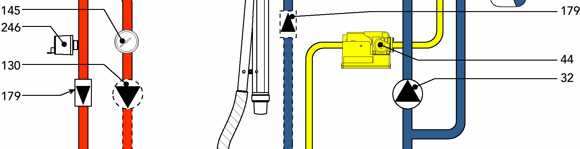 Zespół gazowy 49 Termostat bezpieczeństwa 56 Naczynie wzbiorcze c.o. 130 Pompa ładująca zasobnika c.