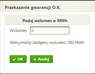 5. Operacje na gwarancjach pochodzenia a. Przekazanie Odbiorcy Końcowemu (O.K.) Jest to operacja, w wyniku której korzyści środowiskowe, płynące z wytworzenia energii ze źródeł odnawialnych, zostaną skonsumowane.