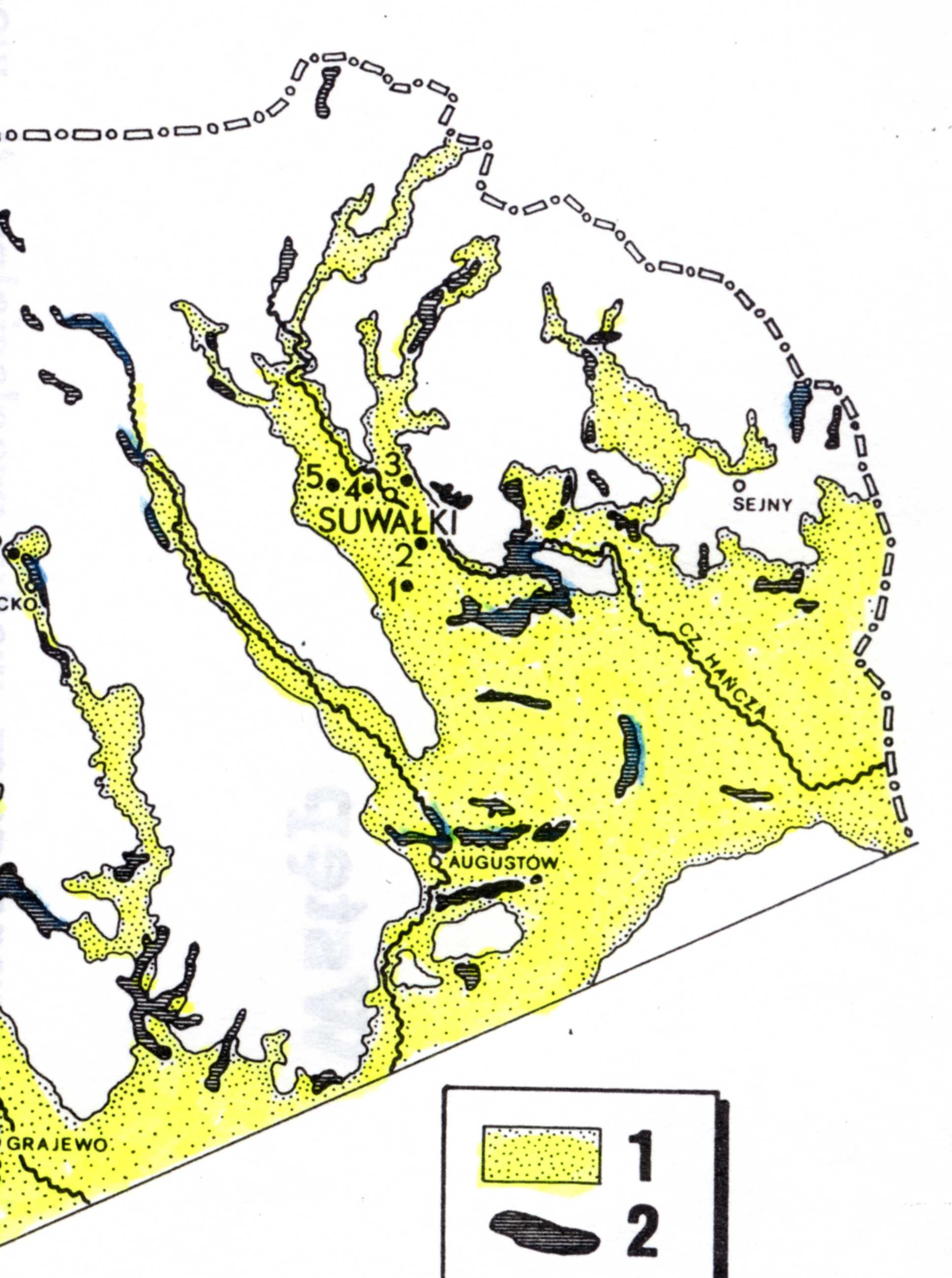 Fig.1. Szlak sandrowy doliny Rospudy na tle sandru augustowskiego. 1- sandry, 2- jeziora Pagórkowata morena denna.