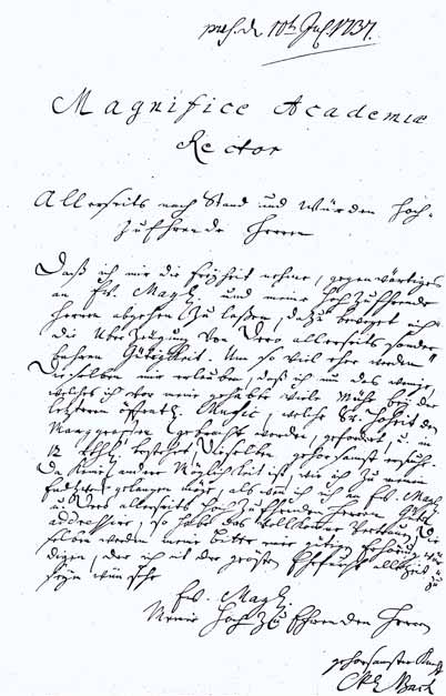 Eigenhändiger Brief von Carl Philipp Emanuel Bach an den Rektor der Universität von Frankfurt.