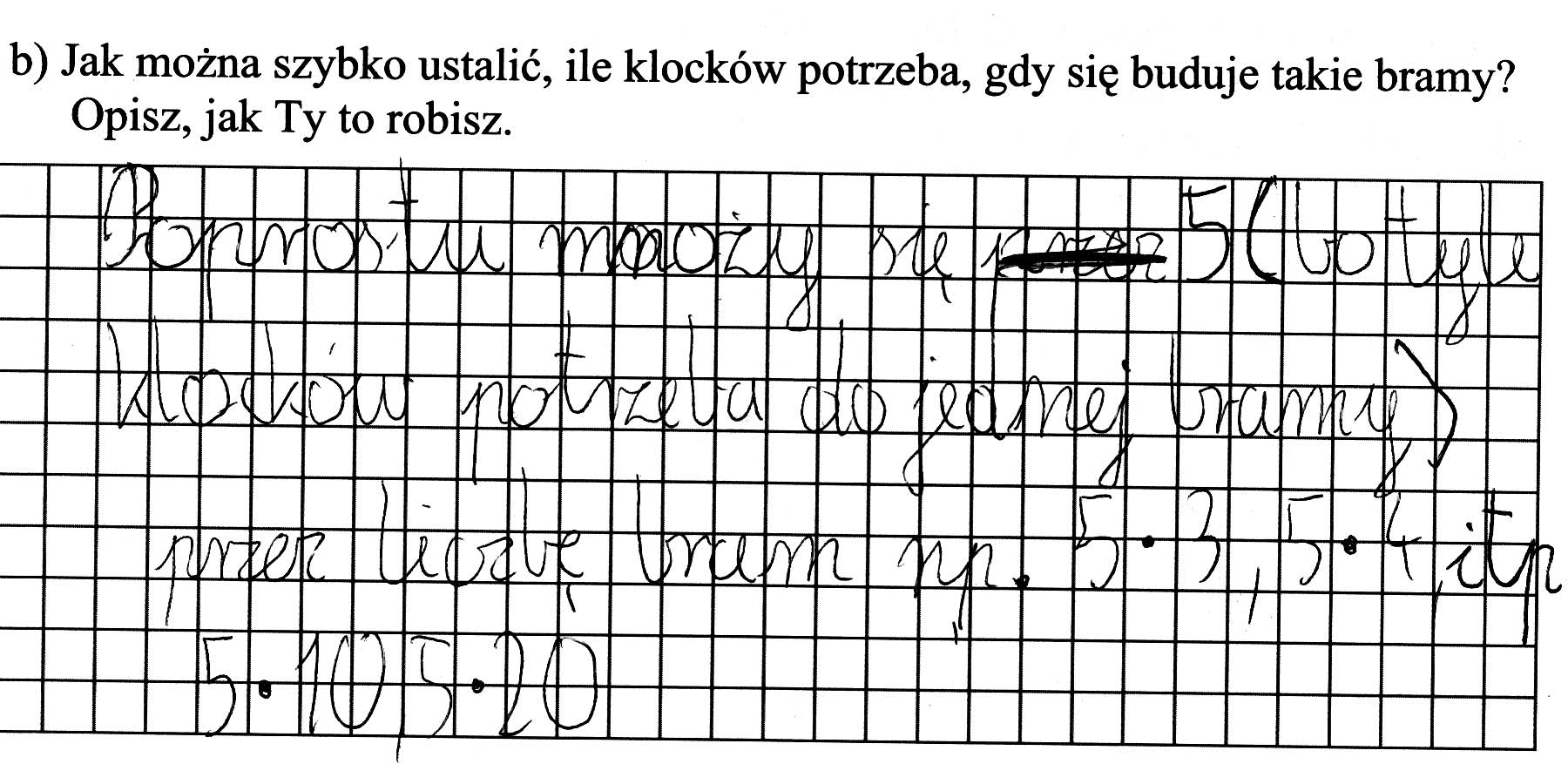 W kolejnym przykładzie uczeń uzasadnia swoje rozumowanie, odwołując się do propozycji konkretnych działań mnożenia ilustrujących, w jaki sposób obliczał.