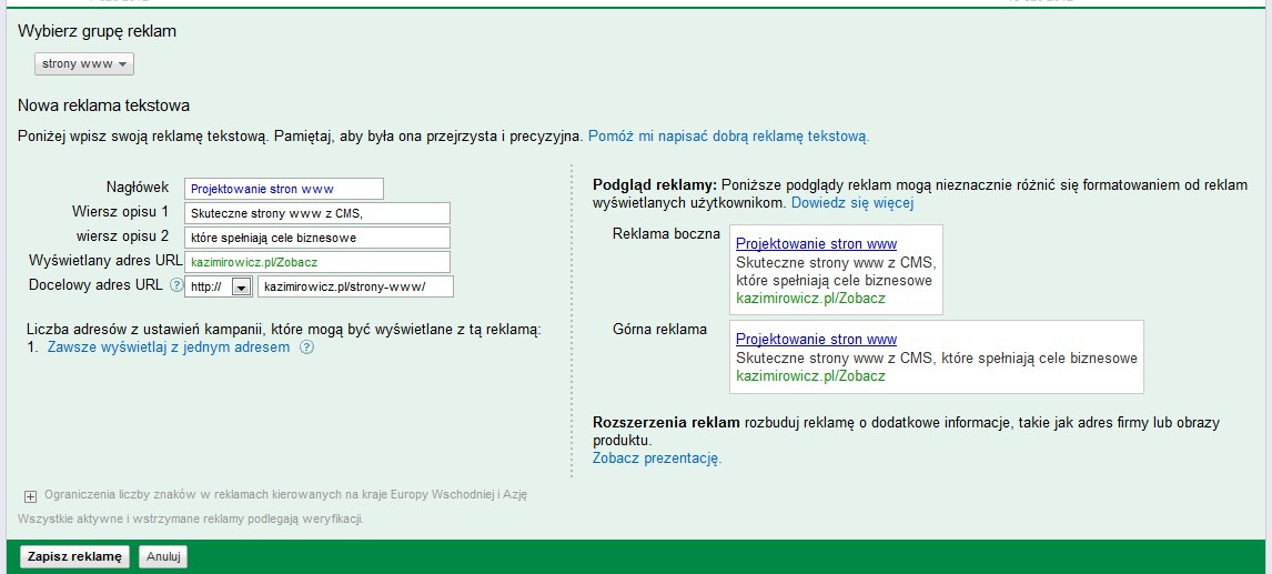 Wynikiem jakości opatrzone są wszystkie reklamy. Jest to ocena w skali 1 do 10, która przekłada się na pozycję, na której będzie wyświetlana nasza reklama. Wszystkie reklamy biorą udział w tzw.