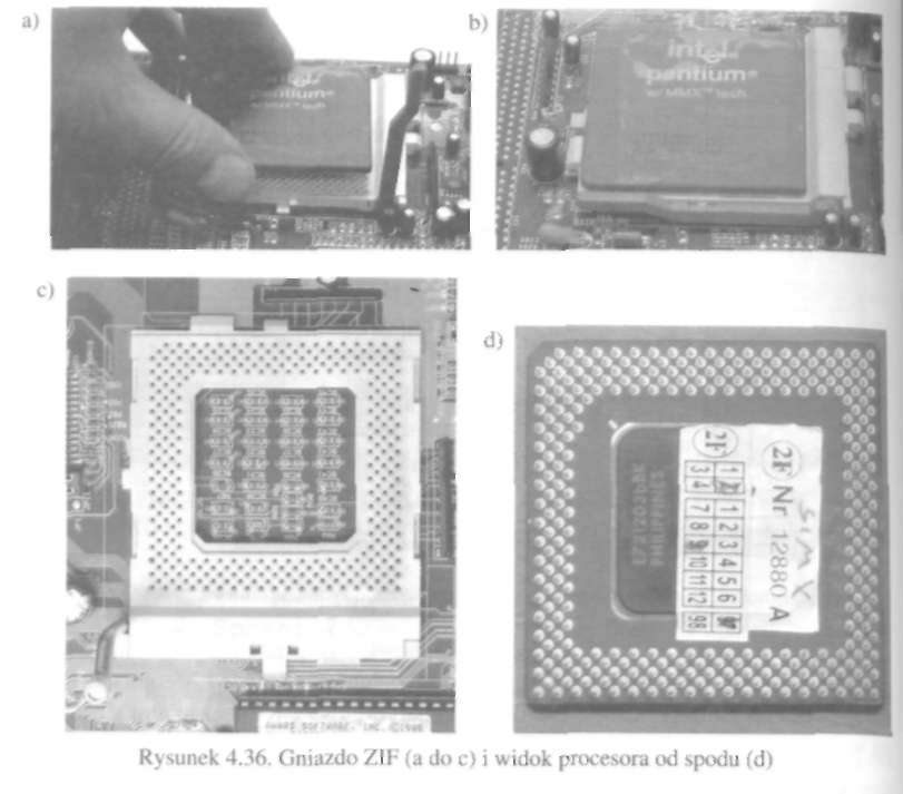228 Urządzenia techniki komputerowej. Część I Na rysunku a dźwigienka gniazda jest podniesiona i procesor można swobodnie włożyć do gniazda (lub wyjąć).