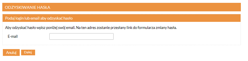 Po kliknięciu w opcję zapominałem hasła użytkownik zostanie przekierowany do strony odzyskiwnia hasła (patrz poniżej), gdzi enależy podać adres e-mail przypisany do profilu użytkownika, a anastępnie