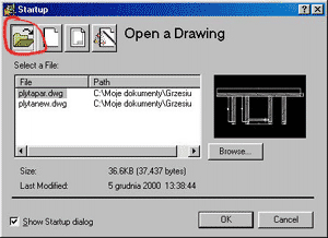 Rys. 8a. lub kliknąć na ikonie otwierania nowego rysunku (AutoCAD 2000 -- rys. 8b). Rys. 8b. Możemy jednak również, nie zamykając aplikacji, otworzyć istniejący rysunek.