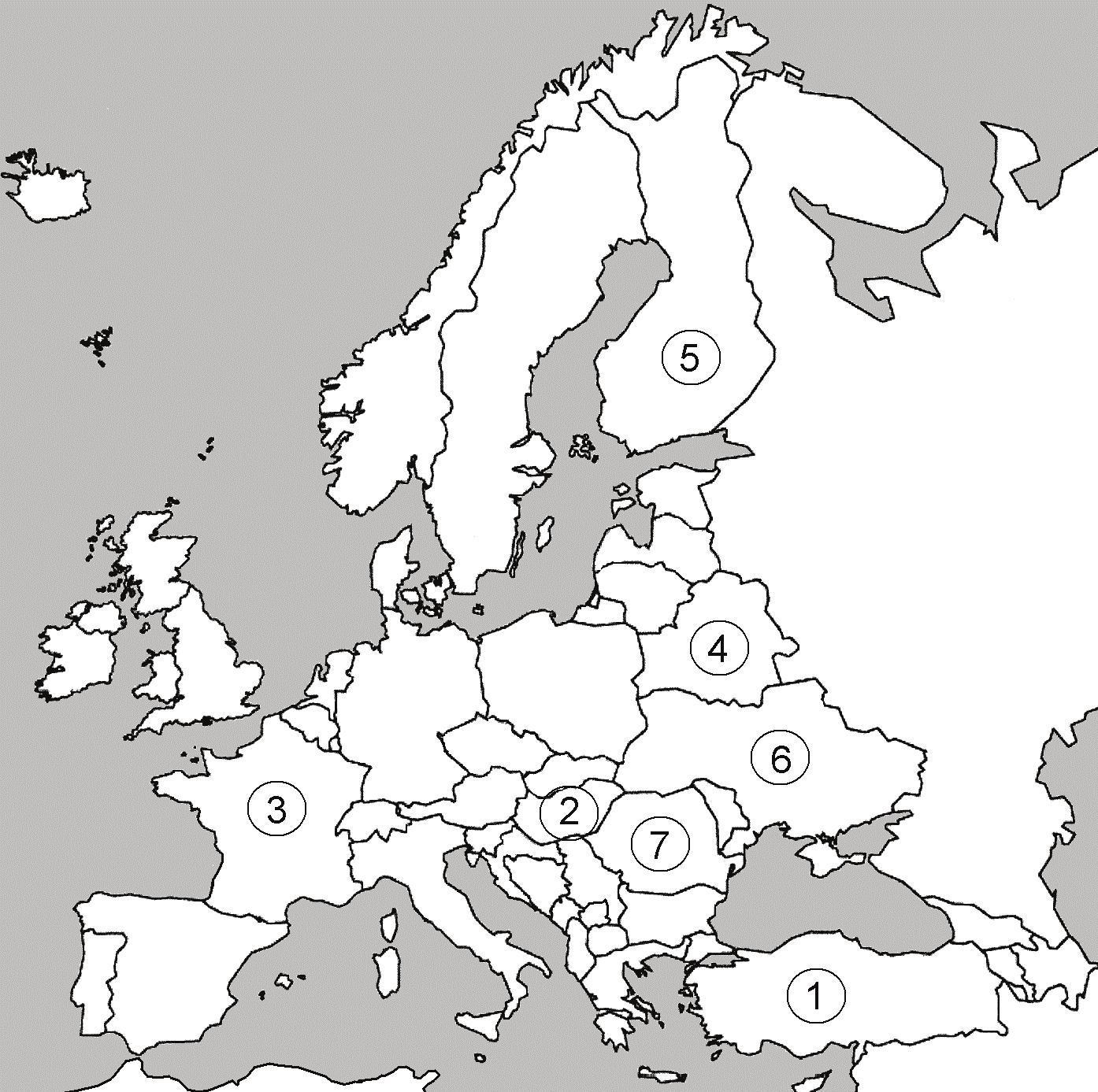 8 Egzamin maturalny z wiedzy o społeczeństwie Zadanie 19. (5 pkt) Na podstawie mapy politycznej oraz własnej wiedzy uzupełnij tabelę dotyczącą państw Europy.