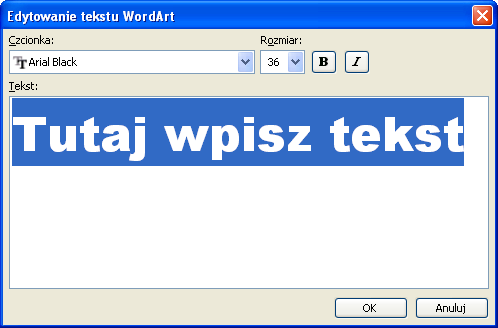 Następnie wpisujemy tekst Wstawione obiekty możemy formatować na pasku WordArt Otwieranie nowego dokumentu W celu otwarcia nowego dokumentu