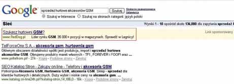 Inny użytkownik poszukuje na przykład firmy, która sprzedaje w hurcie akumulatory do notebooków, wpisuje więc w wyszukiwarkę GOOGLE hasło: akumulatory do notebooków hurt i po prawej stronie, w