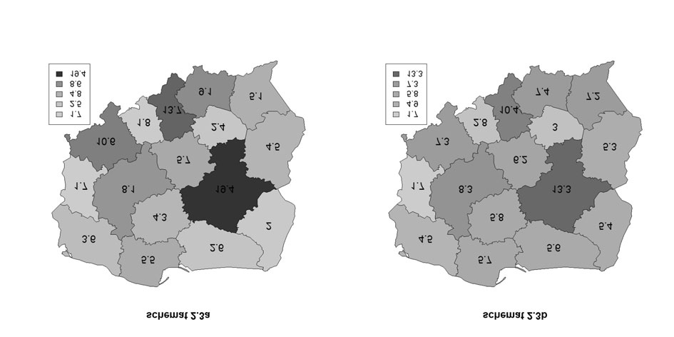 Znacznie większe geograficzne zróżnicowanie udziału w szkoleniach wystąpiło w schemacie a).