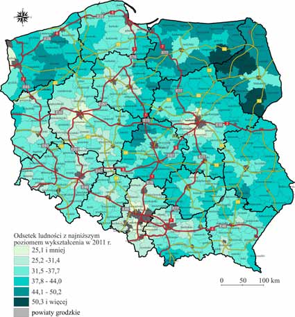 8. Zmiany w rozmieszczeniu osób z najniższym poziomem wykształcenia Zróżnicowana dynamika liczby osób z najniższym poziomem wykształcenia wpłynęła na zmiany ich rozmieszczenia.