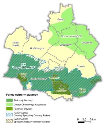 Mapa 2. Obszary prawnie chronione na terenie Powiatu Janowskiego Źródło: opracowanie własne Prawie 50% powierzchni powiatu stanowią tereny prawnie chronione.