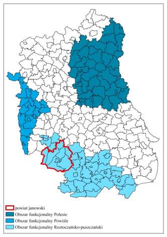 Mapa 3. Powiat Janowski na tle obszarów funkcjonalnych 3.2 Dostępność komunikacyjna Powiat Janowski posiada dogodne położenie komunikacyjne.
