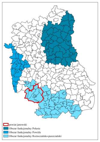 Mapa 3. Powiat Janowski na tle obszarów funkcjonalnych 3.2 Dostępność komunikacyjna Powiat Janowski posiada dogodne położenie komunikacyjne.