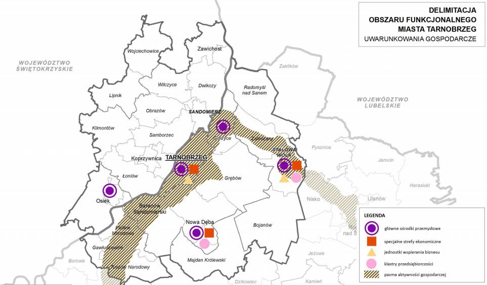 Rysunek 7 Tarnobrzeg jako biegun wzrostu na tle uwarunkowań gospodarczych Źródło: Ekspertyza Instytutu Geografii i Przestrzennego