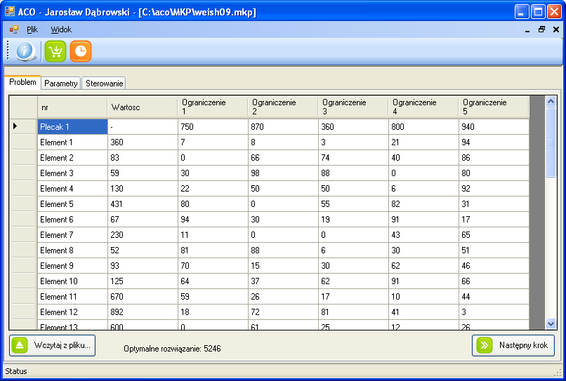 W kolumnach tabeli podana jest wartość przedmiotu i ograniczenia. Po wczytaniu problemu można przejść do wyboru reprezentacji mapy feromonowej (przycisk Następny krok).