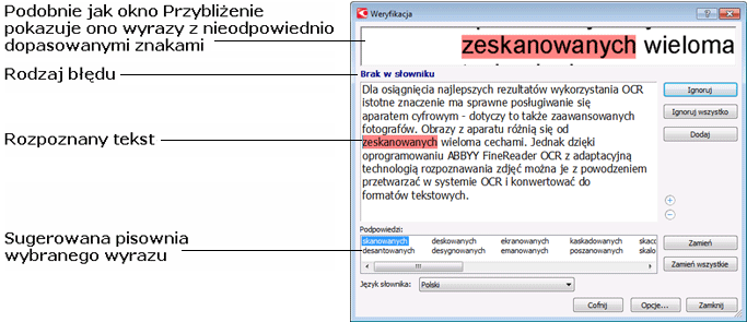 1. Kliknij to słowo w oknie Tekst. W oknie Obraz zostanie wyświetlona jego lokalizacja, a w oknie Powiększenie zostanie wyświetlone jego powiększenie. 2. Zmień odpowiednio to słowo w oknie Tekst.