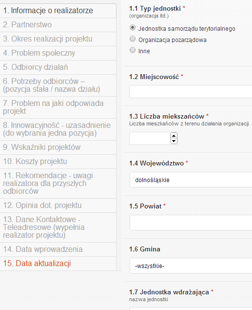 1. Po wprowadzeniu danych i zalogowaniu się, użytkownikowi ukazuję się pierwsza zakładka opisu projektów o nazwie Informacje o realizatorze, przedstawiająca krótką charakterystykę realizatora