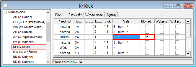 Plan lekcji Optivum. Jak przypisywać do przydziałów preferencje dotyczące sal? 6/7 3. W oknie Wybierz obiekty zaznacz sale oraz zbiory sal, które chcesz przypisać do przydziału.