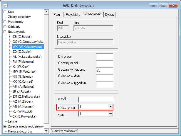 Plan lekcji Optivum. Jak przypisywać do przydziałów preferencje dotyczące sal? 7/7 W wypadku nauczycieli, na karcie Właściwości można również przypisać nauczycielowi salę, której będzie opiekunem.