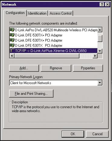 W systemie Windows Me i 98SE: Kliknij Protokół internetowy (TCP/IP).