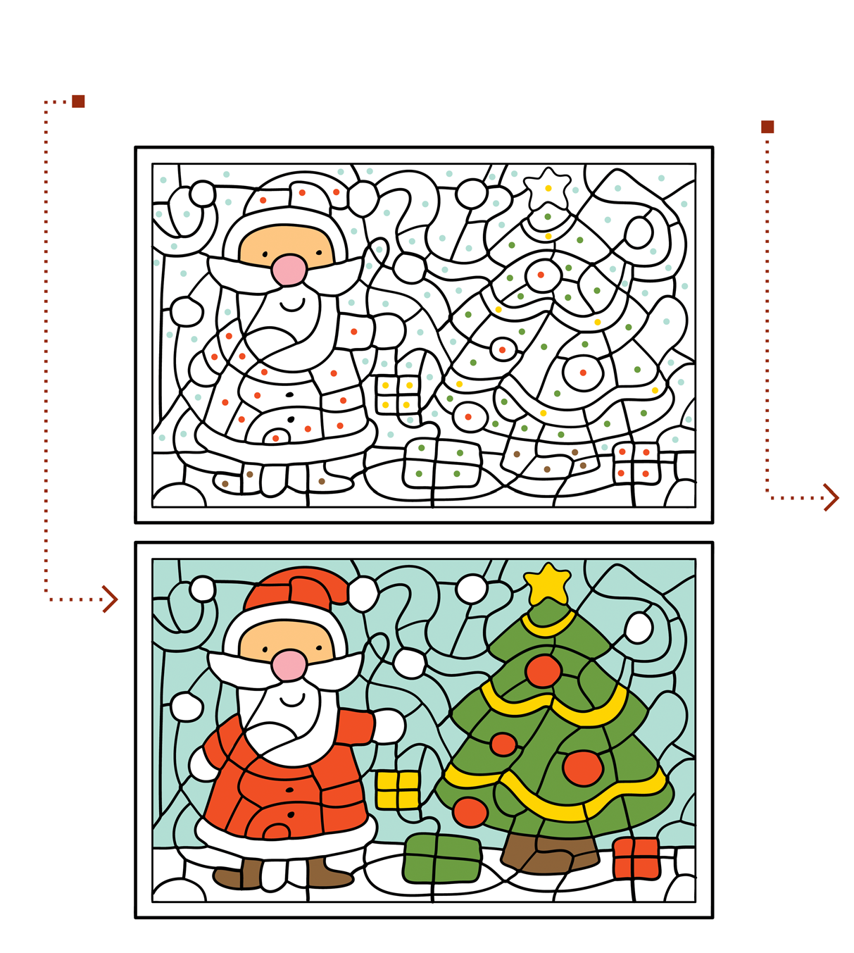 POBAW SIĘ Świąteczna zabawa Z pozoru niewidoczny rysunek można wydobyć dzięki UŻYCIU odpowiednich kredek. WYPEŁNIJ SUGEROWANYMI KOLORAMI POLA Z KROPKAMI.