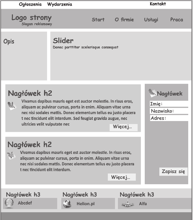 6.2. Projektowanie strony Rysunek 6.6. Dodanie ikon i przycisków do projektu strony Kolejny rodzaj elementów to przyciski. Tworzymy je, wykorzystując narzędzie Prostokąt.