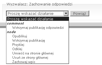 Klikaj c po dost pnych zak adkach: Odpowiedzi, Zawarto, Cron, Kategorie, U ytkownicy, zauwa ymy szereg zdefiniowanych wyzwalaczy, ale tylko do kilku z nich b dziemy mogli przypisa dzia anie.