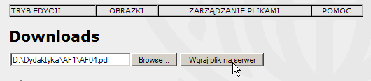 Pojawia się strona edytora zawierająca listę plików zlokalizowanych w katalogu downloads w systemie katalogów CMSimple. MoŜna tutaj dodawać pliki lub usuwać juŝ istniejące (zob.