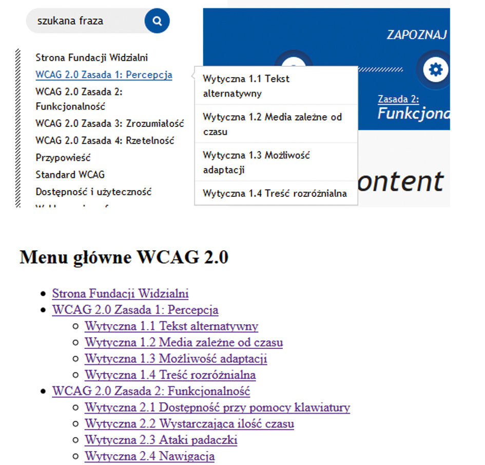 Co to jest WCAG 2.0? Rys. 11. Widok strony WCAG 2.0 Zagnieżdżone menu, na górze wersja graficzna, a poniżej z wyłączonymi stylami CSS [www.wcag20.widzialni.